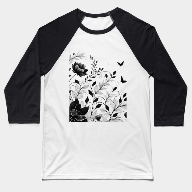 Simple black and white flower botanical pattern Baseball T-Shirt by TomFrontierArt